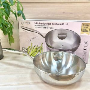 Chảo inox 316 liền khối 5-ply Premium kaiyo - sâu lòng có vung kính 20cm