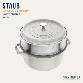 Nồi Gang Staub Cocotte 24cm kèm Xửng hấp màu Ghi sữa