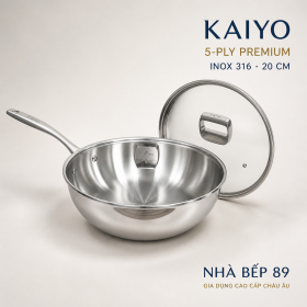 Chảo inox 316 liền khối 5-ply Premium kaiyo – sâu lòng có vung kính 20cm